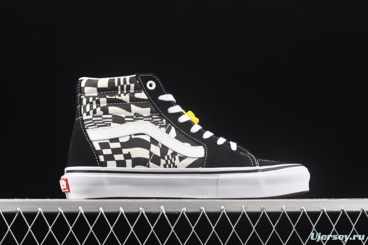 Vans Sk8-Hi black and white checkerboard lattice side stripes high-top casual board shoes VN0A5FCC9CU