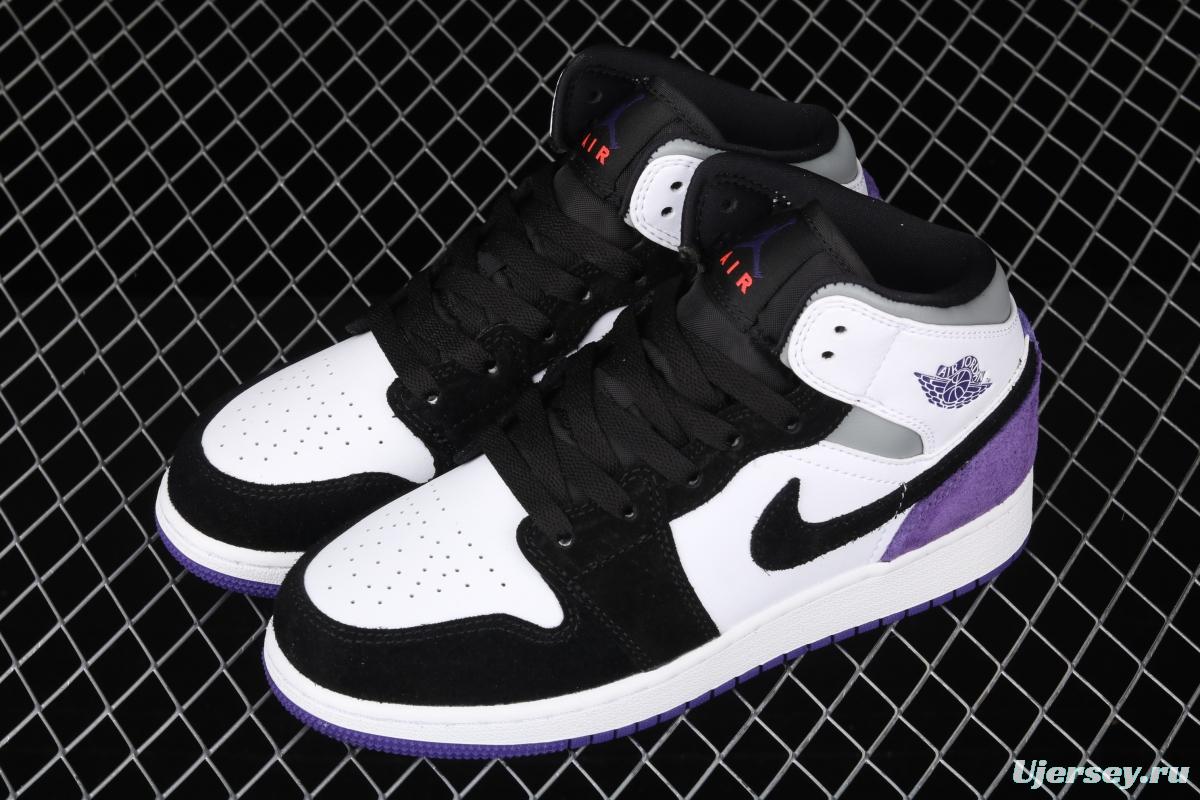 Air Jordan 1 Mid GS black, white and purple Zhongbang basketball shoes BQ6931-105