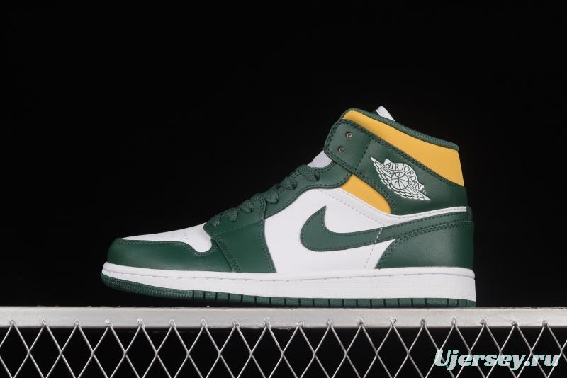 Air Jordan 1 Mid Green Yellow AJ White Green Yellow Seattle SuperSonics 554724-371