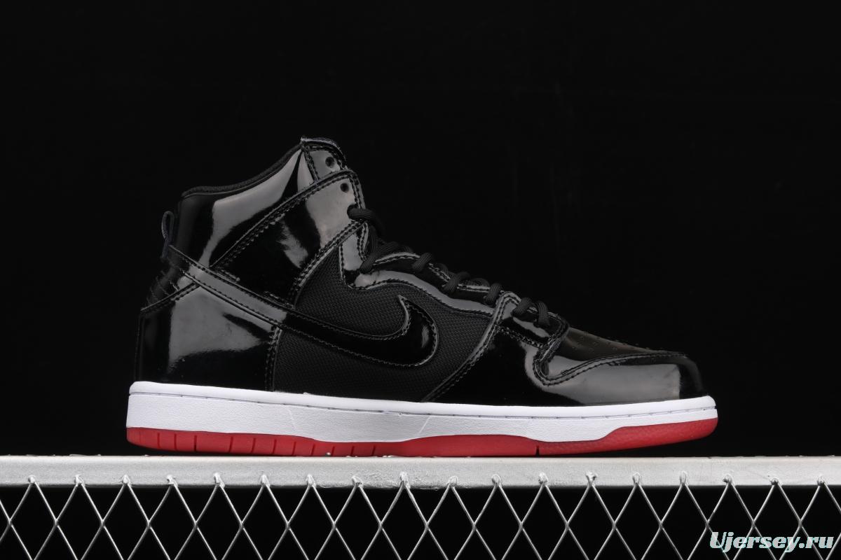 NIKE SB DUNK High Premium lacquered leather black and red high top casual skateboard shoes AJ7730-001