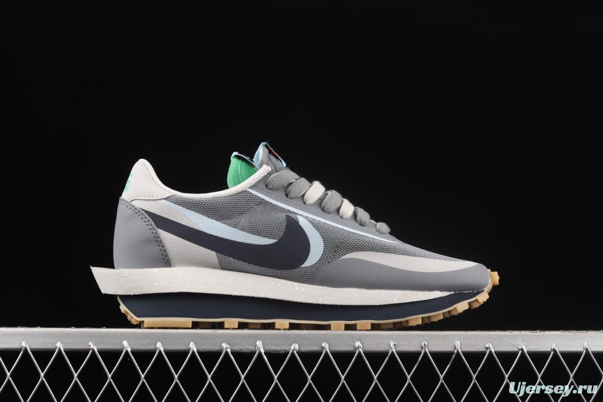 Clot x Sacai x NIKE LDWaffle Cool Grey gray and blue deconstruction tripartite joint name waffle double hook catwalk style casual shoes DH3114-001