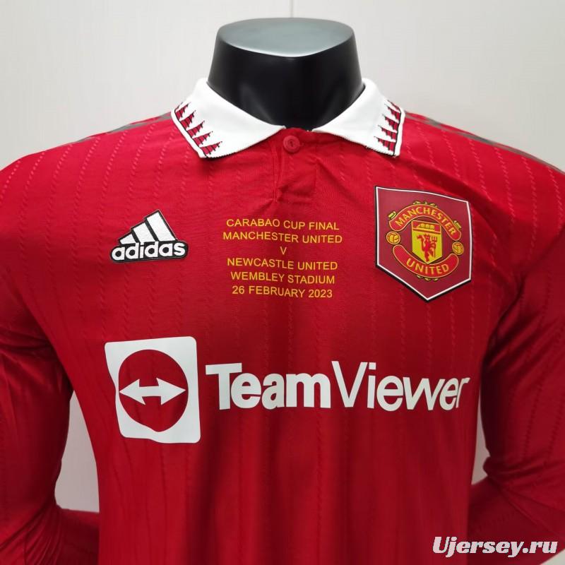 Player Version 22/23 Manchester United Home Long Sleeve Carabao Cup Final Jersey With Full Patch