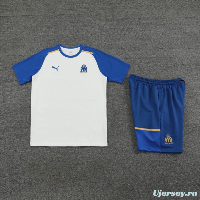 23/24 Olympique Marseille White/Blue Cotton Short Sleeve Jersey+Shorts