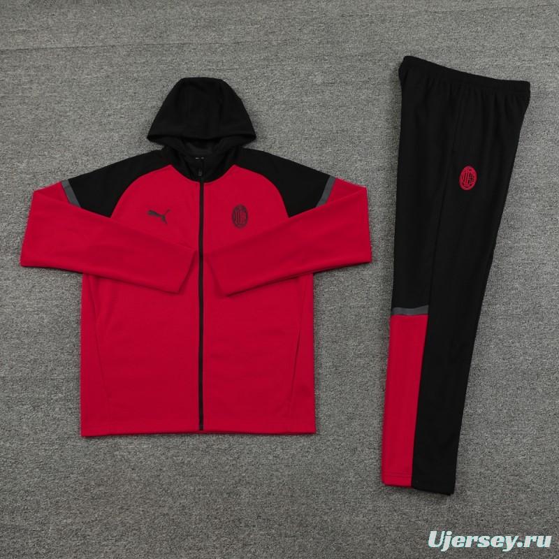 24/25 AC Milan Red/Black Hoodie Full Zipper Jacket +Long Pants