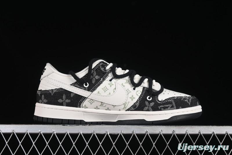 Nike SB Dunk Low LV Collaboration - Black Denim Print Anniversary High-End Custom Low-Top Casual Skate Shoes - SJ2068-238
