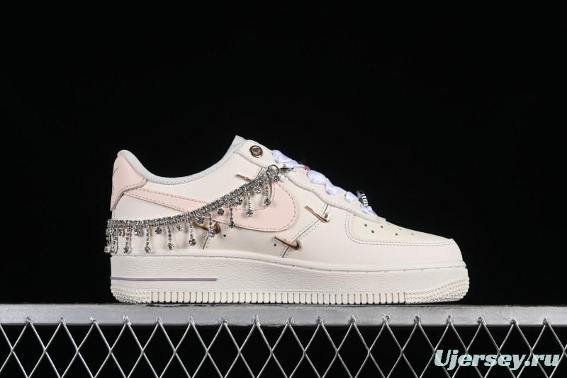Nike Air Force 1 '07 Low Casual Sneakers in Romantic Pink-Purple with Diamond Chain Accessories - FV1122-333
