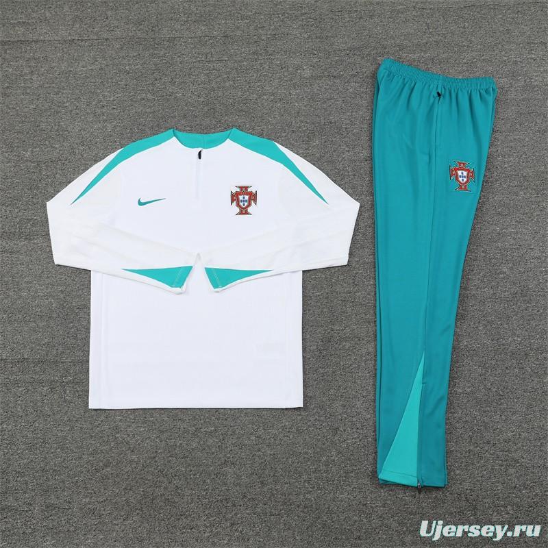 2024 Portugual White Half Zipper Jacket+Long Pants