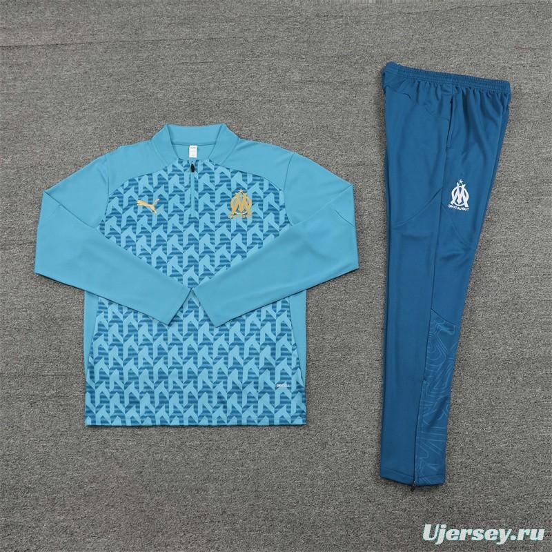 24/25 Olympique Marseille Blue Grid Half Zipper Jacket+Long Pants