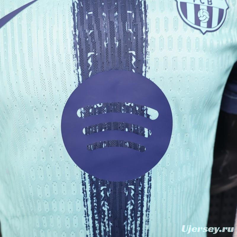 Player Version 25/26 Barcelona Blue 125Th Anniversary Mint Green Jersey with Navy Blue Stripe and Spotify Sponsor
