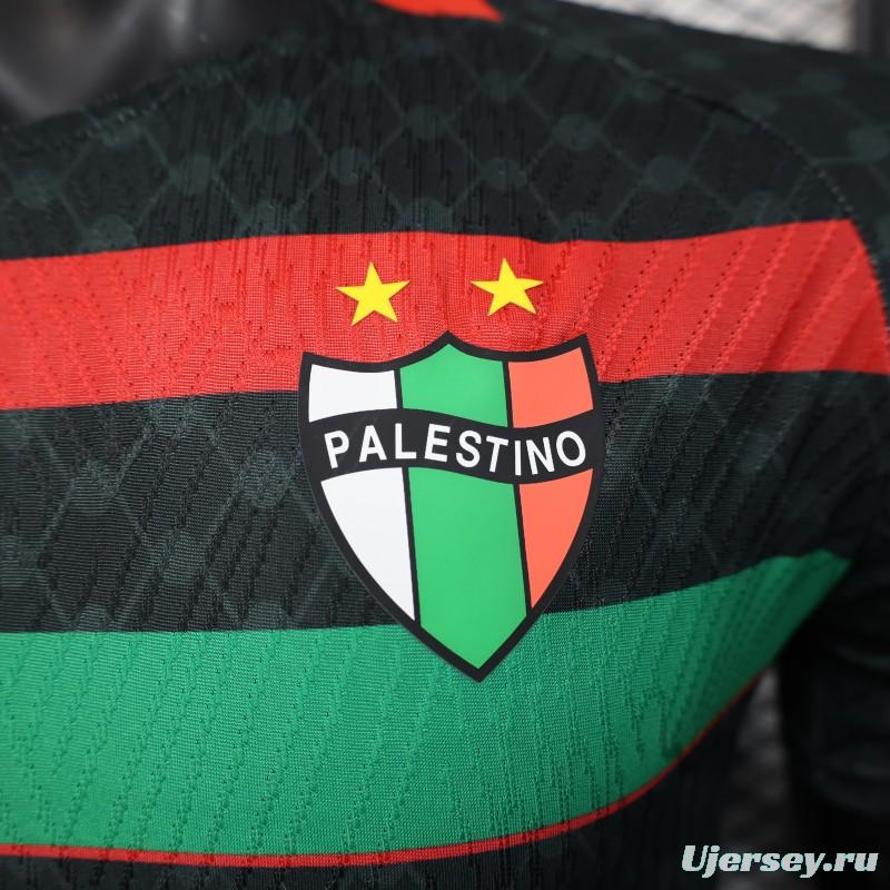 Player Version 25/26 CD Palestino Away Black Jersey with Red-Green Stripes and Bank of Palestine Sponsor
