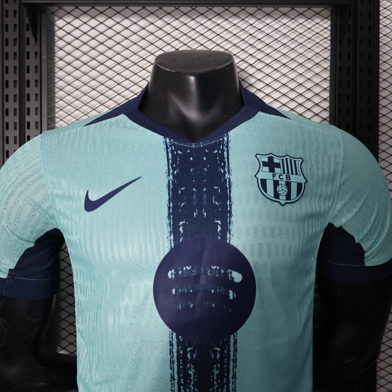 Player Version 25/26 Barcelona Blue 125Th Anniversary Mint Green Jersey with Navy Blue Stripe and Spotify Sponsor