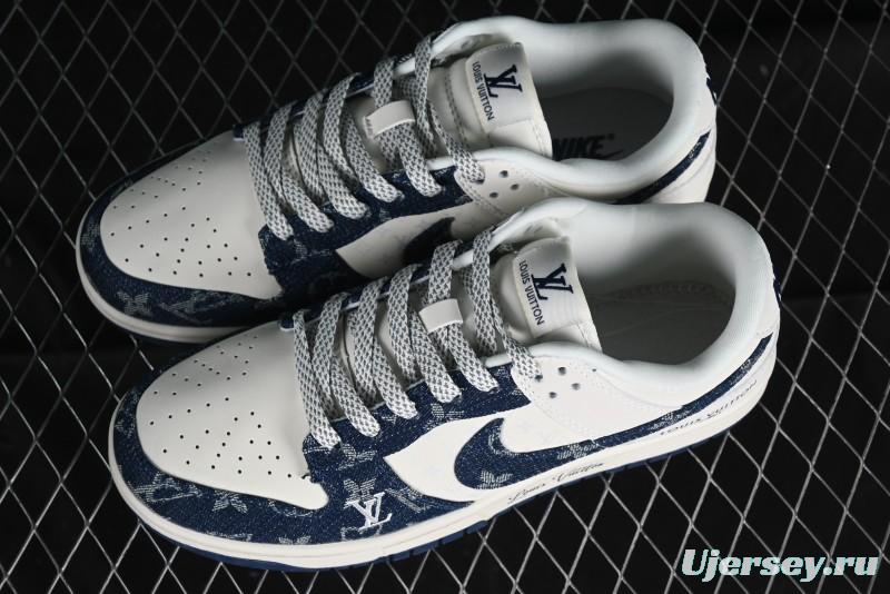 Nike SB Dunk Low LV Collaboration - Dark Blue Denim Anniversary High-End Custom Low-Top Casual Skate Shoes - XP3802-335
