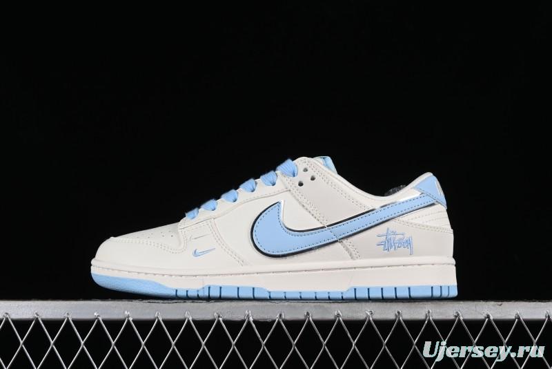 Stussy x Nike Dunk Low SB Skate Shoes in White with Light Blue Swoosh - DQ1098-380