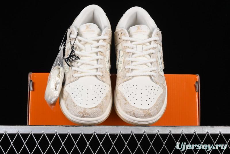 Nike SB Dunk Low LV Collaboration - Beige Swoosh Anniversary High-End Custom Low-Top Casual Skate Shoes - SJ2068-258