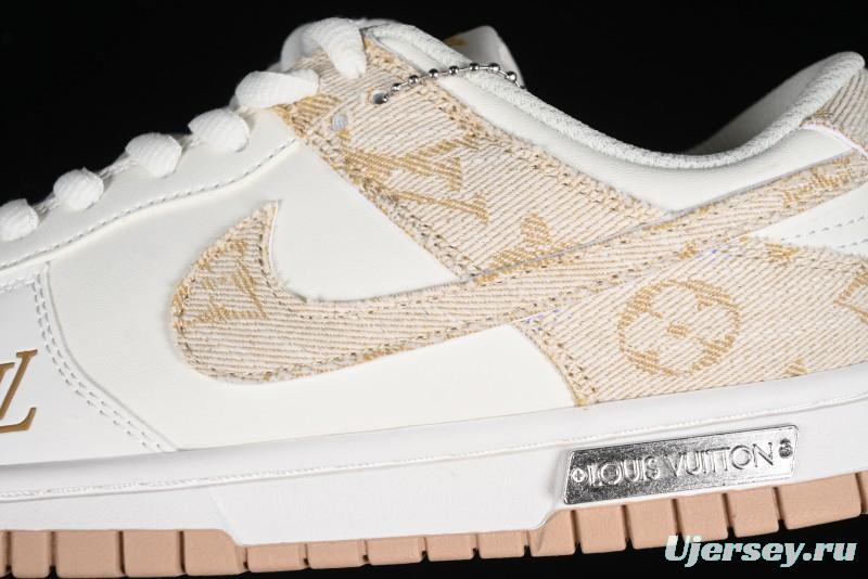 Nike SB Dunk Low LV Collaboration - Yellow Denim Beige with Yellow Swoosh Anniversary High-End Custom Low-Top Casual Skate Shoes - DJ2024-007