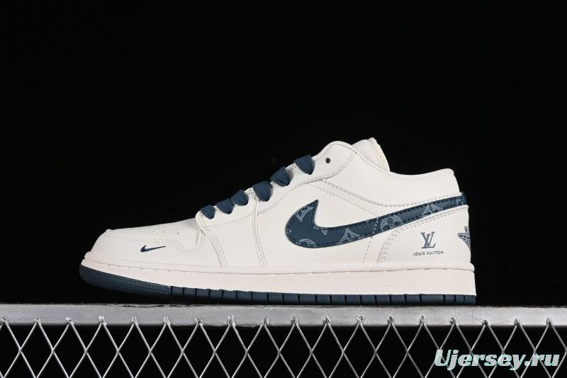 Nike Air Jordan 1 Low LV Collaboration - White with Blue Swoosh Custom Casual Sneakers - WG8850-005