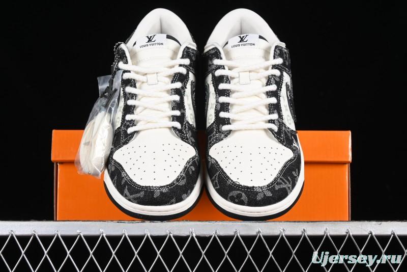 Nike SB Dunk Low LV Collaboration - Black Denim Print Anniversary Custom Low-Top Casual Sneakers - SJ2068-256