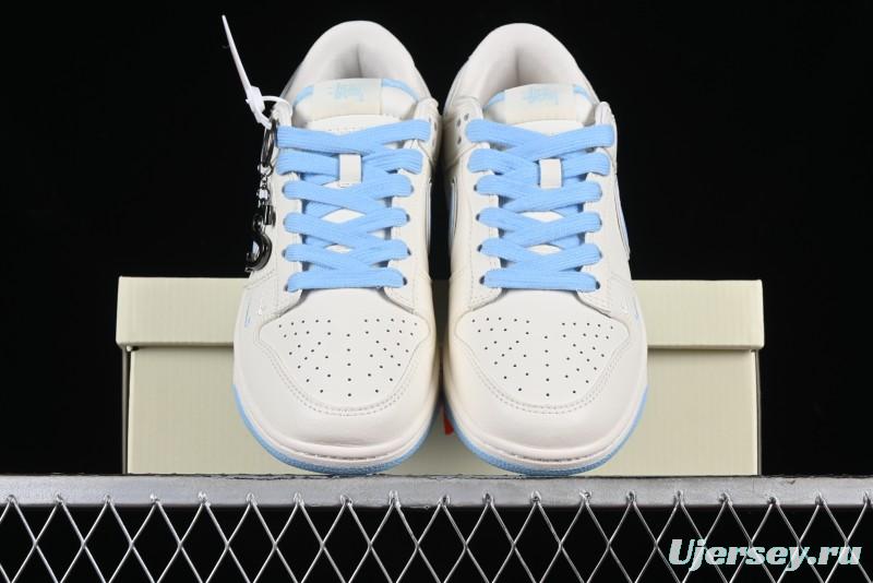 Stussy x Nike Dunk Low SB Skate Shoes in White with Light Blue Swoosh - DQ1098-380