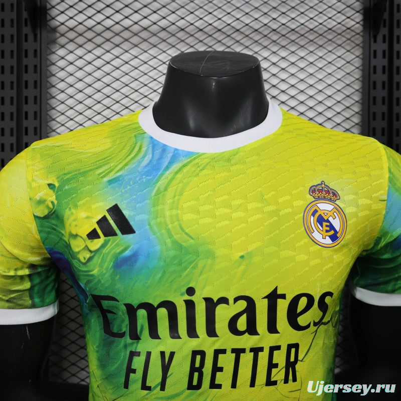 25/26 Player Version Real Madrid Limited Edition Goalkeeper Jersey - Emirates Neon Yellow Marble Design