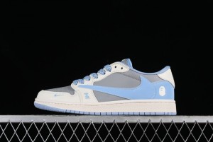 Nike Travis Scott x Fragment Design x Air Jordan 1 Low OG SP AJ1 LV Collaboration Deep Blue Low-Top Casual Sneakers - BB6588-104