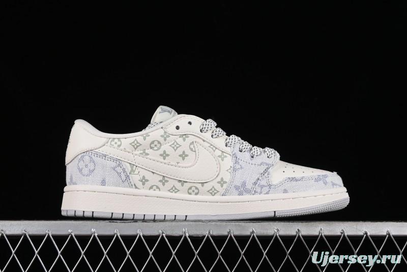 Nike Air Jordan 1 Low OG SP Travis Scott x Fragment Design LV Washed Blue Denim Casual Sneakers - SJ2068-007