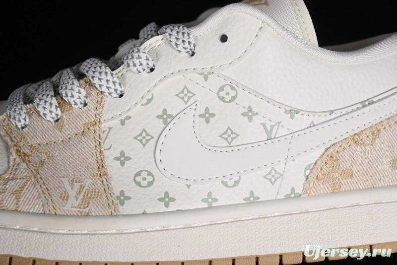 Nike Air Jordan 1 Low LV Collaboration Denim Khaki Customized Casual Sneakers - SJ9950-002