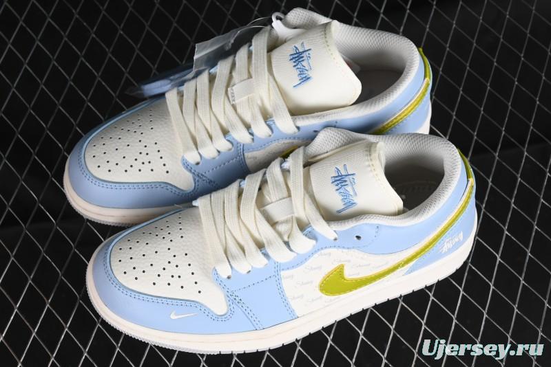 Nike Air Jordan 1 Low Stussy Collaboration - Blue Gold Custom High-End Basketball Shoes - WG8850-007