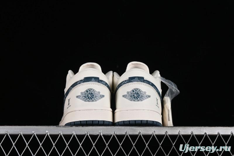 Nike Air Jordan 1 Low LV Collaboration - White with Blue Swoosh Custom Casual Sneakers - WG8850-005