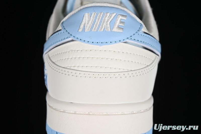 Stussy x Nike Dunk Low SB Skate Shoes in White with Light Blue Swoosh - DQ1098-380
