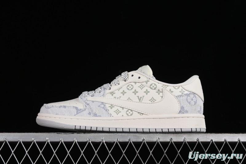 Nike Air Jordan 1 Low OG SP Travis Scott x Fragment Design LV Washed Blue Denim Casual Sneakers - SJ2068-007