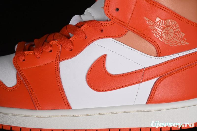 Nike Air Jordan 1 Mid Basketball Shoes in White and Orange Colorway - BQ6472-108