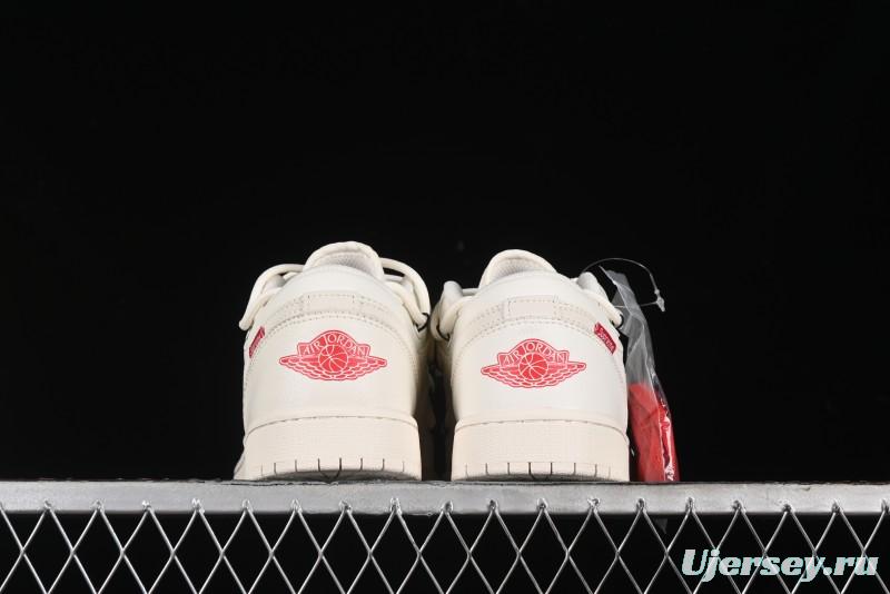 Nike Air Jordan 1 Low Supreme Collaboration - Retro Basketball Shoes in Off-White Red with Small Logo - SJ9950-017