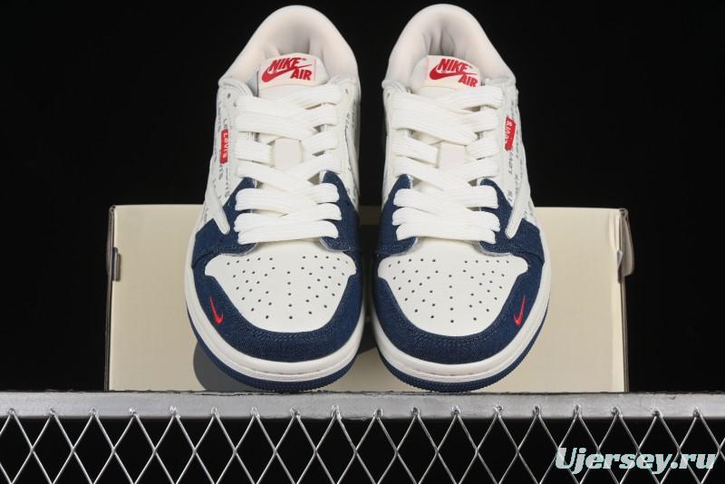 Nike Travis Scott x Fragment Design x Air Jordan 1 Low OG SP AJ1 Levi's Collaboration - White Blue Canvas Low Top Casual Sneakers - JH6088-605