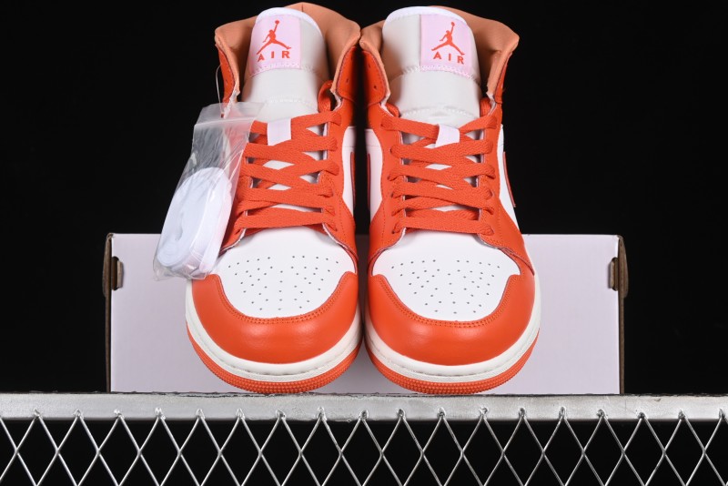 Nike Air Jordan 1 Mid Basketball Shoes in White and Orange Colorway - BQ6472-108