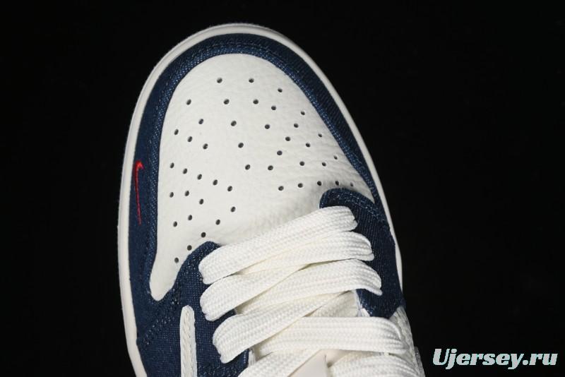 Nike Travis Scott x Fragment Design x Air Jordan 1 Low OG SP AJ1 Levi's Collaboration - White Blue Canvas Low Top Casual Sneakers - JH6088-605