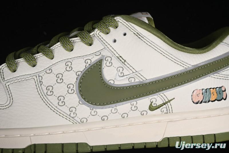 Nike SB Dunk Low Gucci Collaboration - Subtle Pattern Beige Green Swoosh Anniversary Custom Low-Top Casual Sneakers - KK1888-006