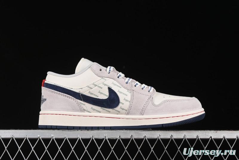 Nike Air Jordan 1 Low Supreme Collaboration - Pig Grey Print Custom Retro Basketball Shoes - LJ6688-009