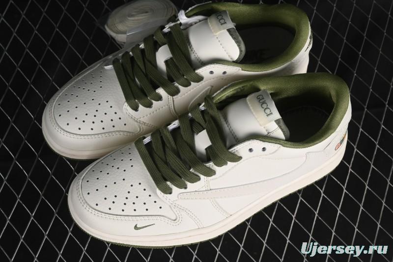 Nike Travis Scott x Fragment Design x Air Jordan 1 Low OG SP AJ1 Retro Sneakers in Off-White & Fresh Green - DM6688-606