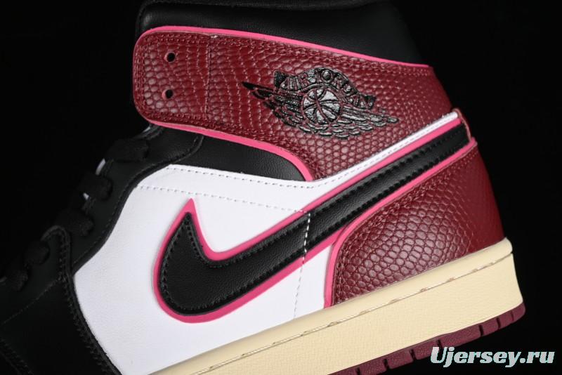Nike Air Jordan 1 Mid AJ1 Snake Print Black Red Toe Mid-Top Basketball Shoes - FQ7818-101
