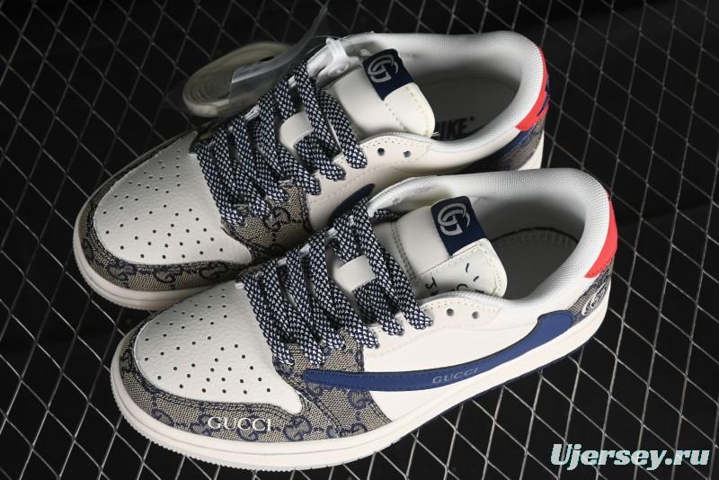 Nike Travis Scott x Fragment Design x Air Jordan 1 Low OG SP AJ1 Gucci Collaboration - Silver Logo Blue Swoosh Low Top Casual Sneakers - XY2688-118