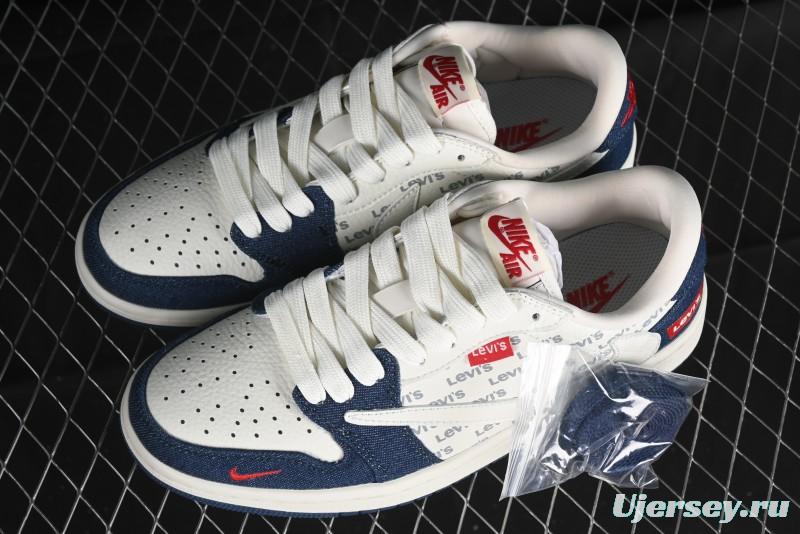 Nike Travis Scott x Fragment Design x Air Jordan 1 Low OG SP AJ1 Levi's Collaboration - White Blue Canvas Low Top Casual Sneakers - JH6088-605