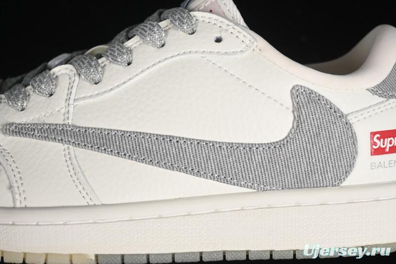 Nike Travis Scott x Fragment Design x Air Jordan 1 Low OG SP AJ1 Supreme Collaboration - Light Grey Denim Two-Tone Low-Top Casual Sneakers - JH6088-705