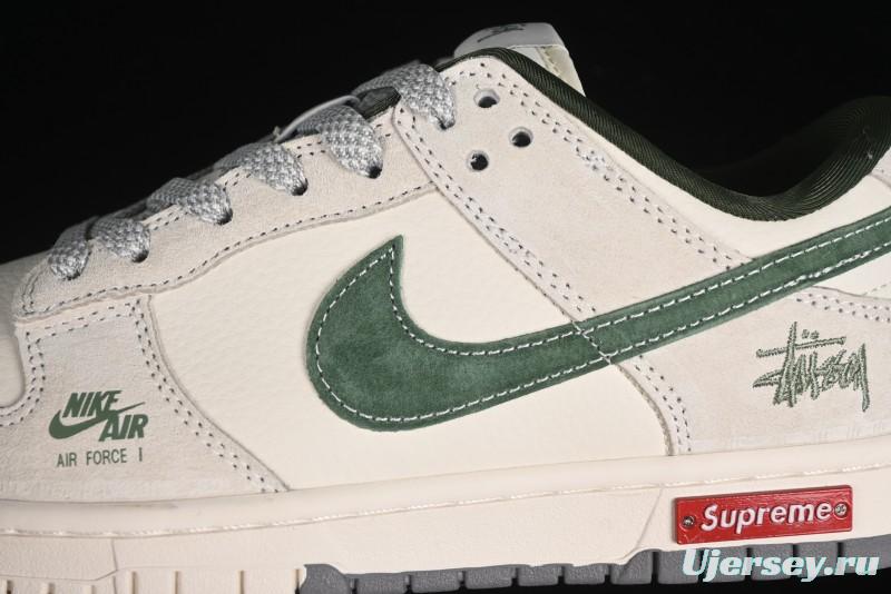 Nike SB Dunk Low Supreme x Stussy Triple Collaboration - Off White Green Swoosh Anniversary Custom Low-Top Casual Sneakers - SJ2068-303