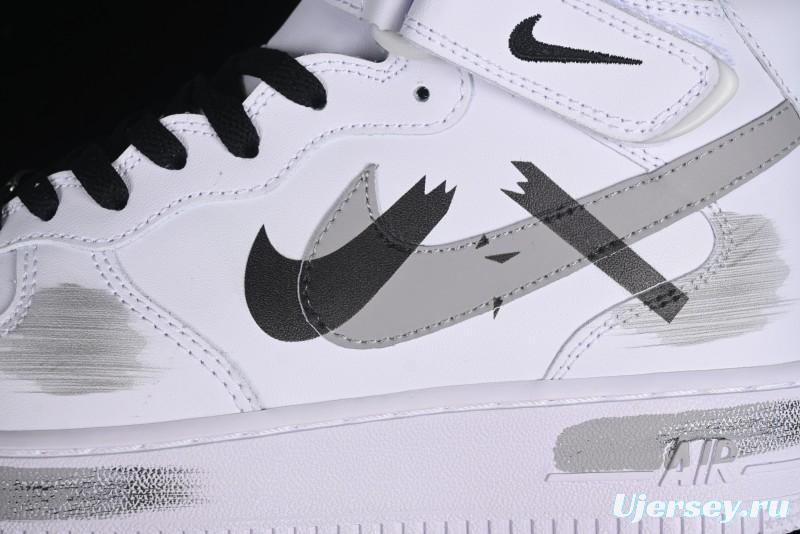 Nike Air Force 1 '07 Mid Casual Sneakers in White/Grey/Black with Hand-Painted Cracked Swoosh Shadow Detail - CW2289-111