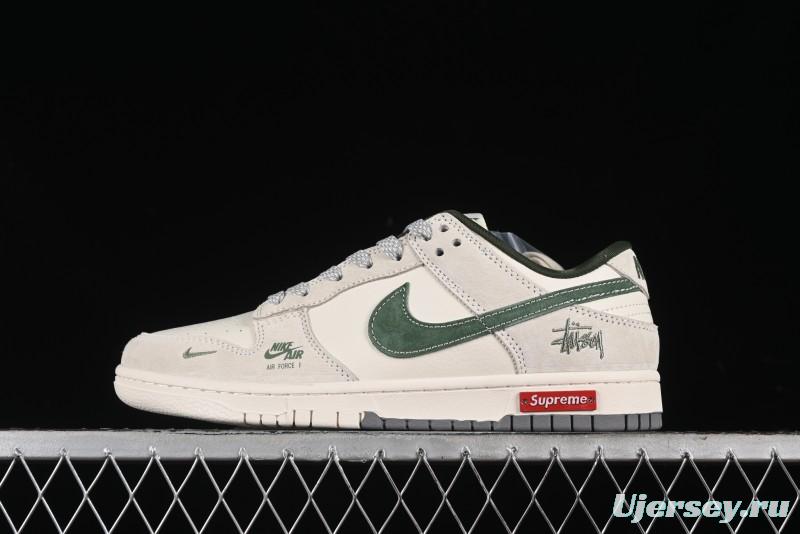 Nike SB Dunk Low Supreme x Stussy Triple Collaboration - Off White Green Swoosh Anniversary Custom Low-Top Casual Sneakers - SJ2068-303