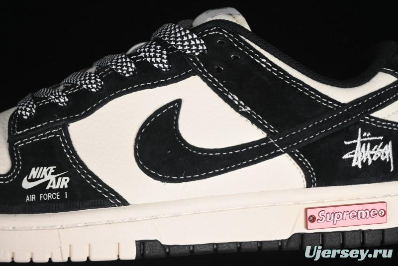 Nike SB Dunk Low Supreme x Stussy Triple Collaboration - Black White Black Swoosh Anniversary Custom Low Top Casual Skate Shoes - SJ2068-300