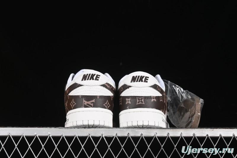 Nike SB Dunk Low LV Collaboration - Embossed White Brown Print Anniversary High-End Custom Low-Top Casual Sneakers - DQ1098-360