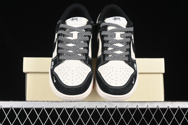 Nike SB Dunk Low Supreme x Stussy Triple Collaboration - Black White Black Swoosh Anniversary Custom Low Top Casual Skate Shoes - SJ2068-300