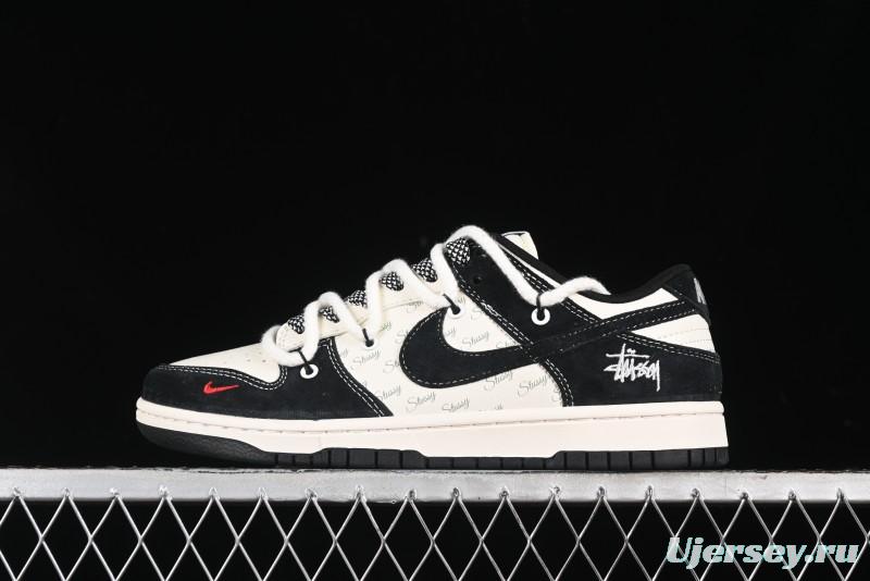 Nike SB Dunk Low Stussy Collaboration - White Embroidery Black Swoosh Anniversary Custom Low-Top Casual Sneakers - SJ2068-311