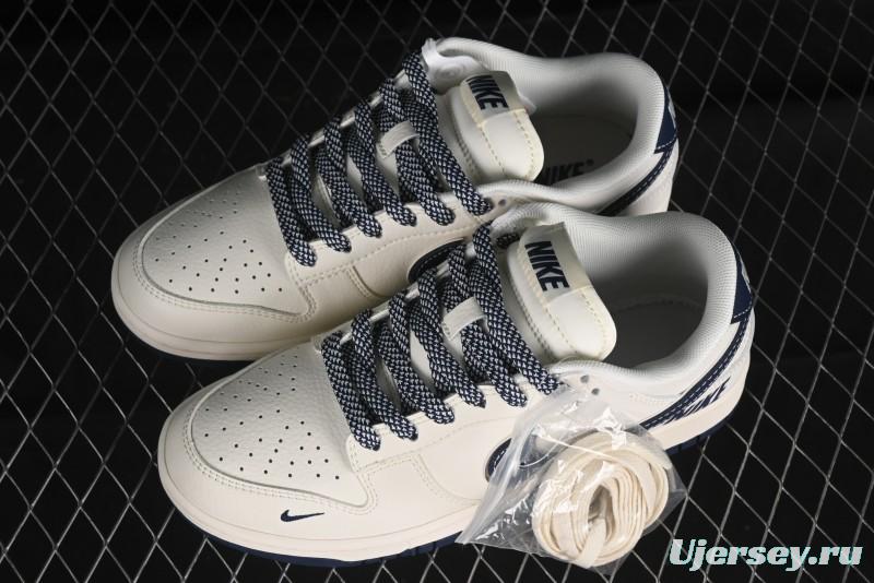 Nike SB Dunk Low Anniversary Premium Custom Low-Top Casual Skate Shoes in Off-White with Navy Blue Swoosh - SJ1089-004